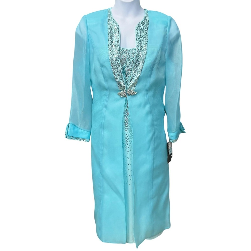 Elite Champagne Dress Jacket Set Womens 8‎ Blue Sequin Chiffon Sheath Church NWT